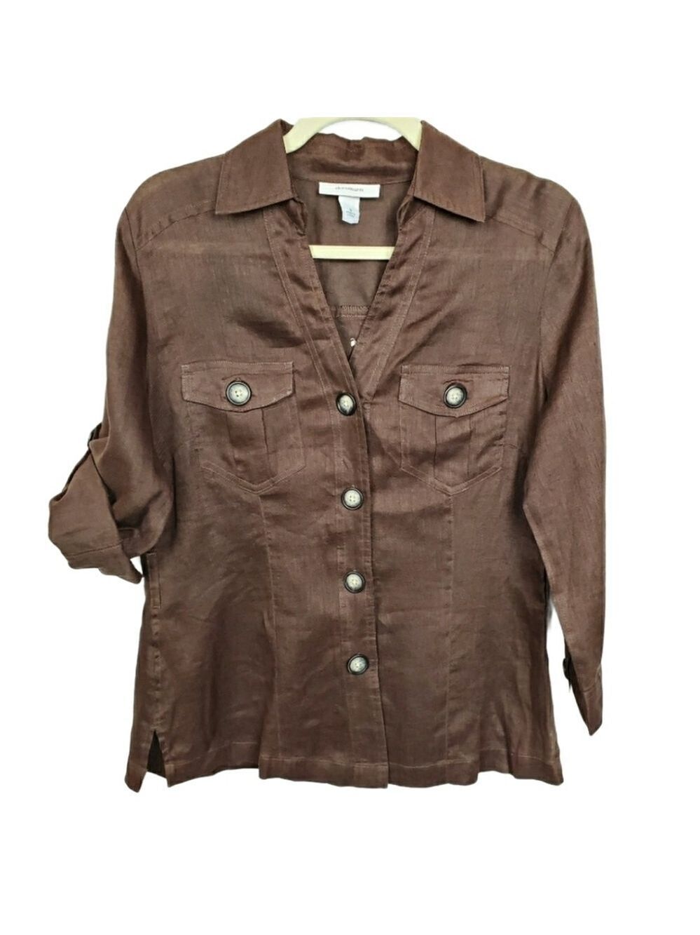 Dress Barn sz S chocolate brown 100% linen button up collared V-neck top